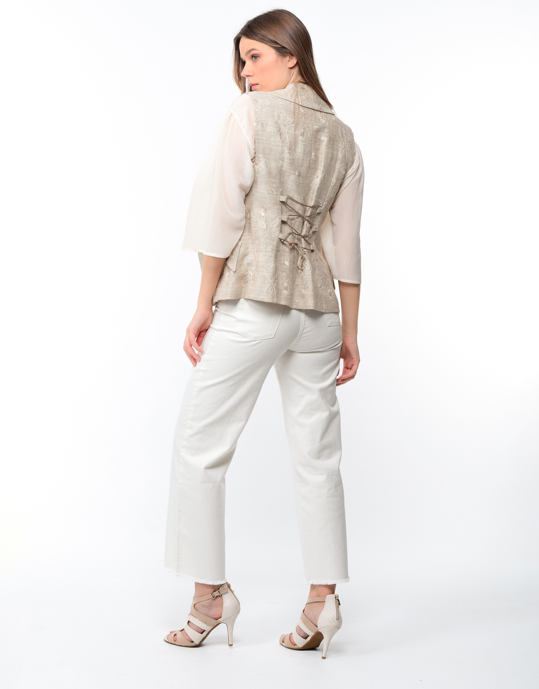 Sleeveless jacket in mottled canvas embroidered beige and ivory